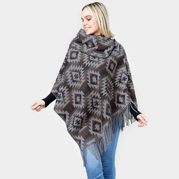 Western Pattern Tassel Poncho - Picture 1 of 2